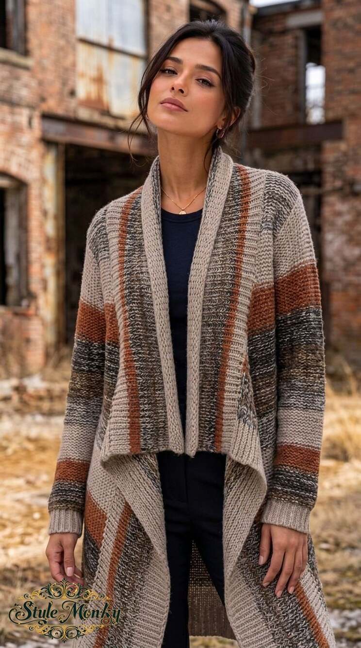 Kaktus Open Front Cardigan Size S Striped Chunky Knit Sweater